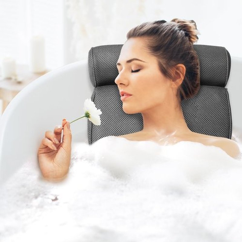 LuxStep Bath Pillow Bathtub Pillow with 6 Non-Slip Suction Cups for Head,Neck and Back Support, Extra Thick and Soft Air Mesh Spa Pillow for Bath - Fits All Bathtub, 15.35x14.56 Inch,Grey