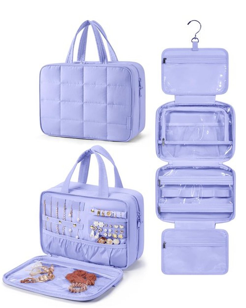 BAGSMART Travel Toiletry Bag with Jewelry Organizer, Hanging Travel Bag for Toiletries, Puffy Makeup Cosmetic Bag Organizer, Carry-on Travel Accessories Essentials, Purple-L