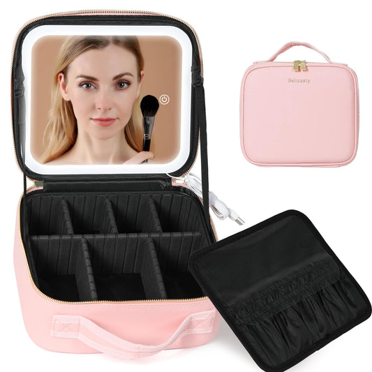 Behaesty Travel Makeup Bag with LED Lighted Mirror, Cosmetic Makeup Organizer Bag with 3 Color Setting, Makeup Train Case with Adjustable Dividers for Women Makeup Brushes Jewelry Accessories (Pink)