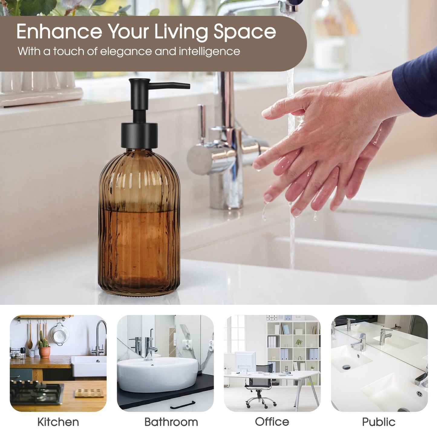13.5oz Stripe Glass Soap Dispenser with Black Plastic Pump, 400ml Liquid Hand Soap Dispenser, Rustproof Pump for Kitchen & Bathroom, Great for Lotions, Essential Oil, Liquid Soaps-Amber