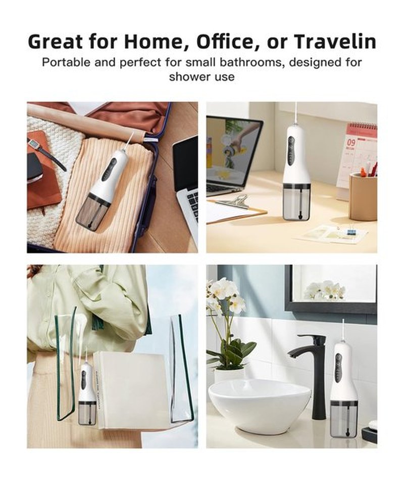 Portable Water Flosser for Teeth Cleaning, 5 Jet Tips, 4 Cleaning Modes, 1500mAh Rechargeable Battery, 260ml Water Tank, IPX7 Waterproof for Braces, Sensitive Teeth & Travel (White)