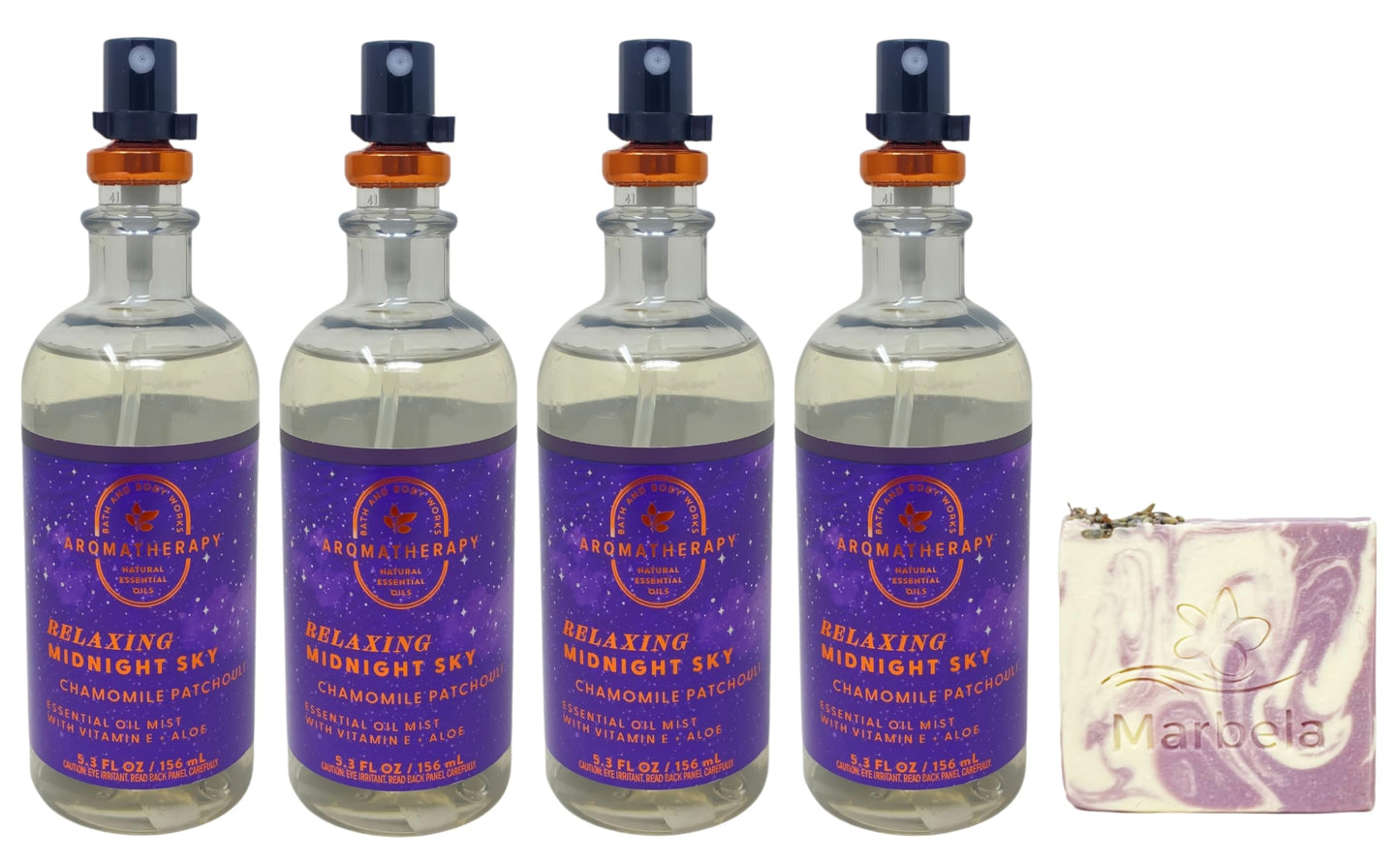 Bath & Body Works Aromatherapy Relaxing Midnight Sky Chamomile Patchouli 4 Essential Oil Mists with a Lavender Dream Bar Soap