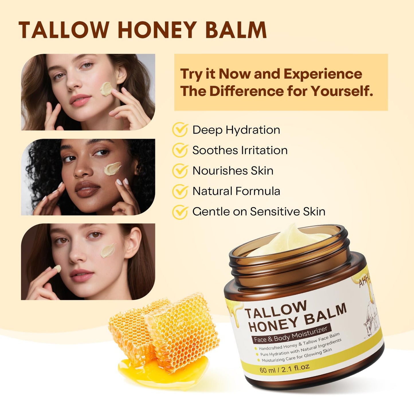Beef Tallow for Skin – 100% Organic Grass Fed Natural Tallow & Honey Face Balm, Whipped Beef Tallow for Sensitive Skin and Face + Body Care, Moisturizing Natural Formula