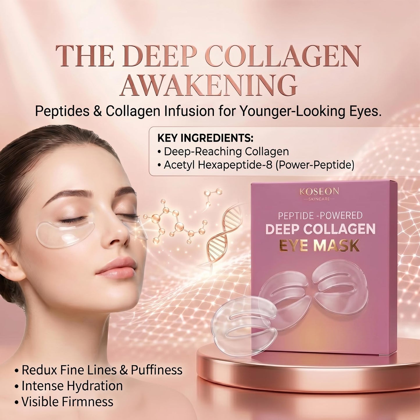 HACHIAC Koseon Collagen Eye Mask, Peptide-Powered Deep Collagen Eye Mask with Collagen Peptide, Under Eye Patches 360° Fit, Eye Patches for Fine Lines Eyes and Dark Circles (1 pcs)
