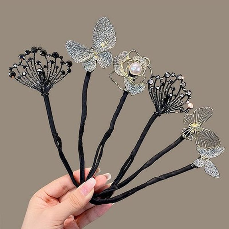 Ins Style Elegant Lazy Hair Curler, French Twist Hair Bun Maker, Lazy Flower Hairpin,Rhinestone Hand-Embroidered Flower Hair Accessory (2Pcs-Black Fish Tail+Flower)