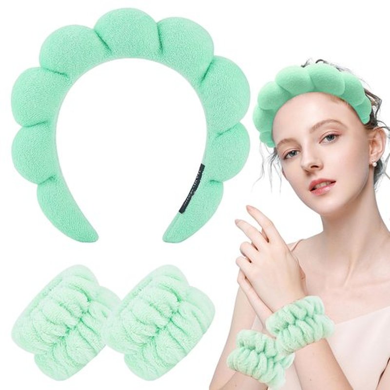 Zkptops Spa Headband for Washing Face Wristband Set Sponge Makeup Skincare Headband Wrist Towels Bubble Soft Hairband for Women Puffy Headwear Winter Non Slip Thick Thin Hair Accessory(Light Green-3)