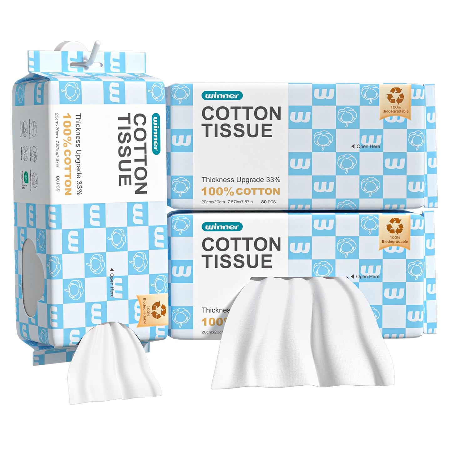 Winner Disposable Face Towels, 100% Natural Cotton, OEKO-TEX® Certified, Cleansing Towels, Lint-Free, Hand Wipes, Makeup Removers, For Dry and Sensitive Skin, Facial Towels, 20x20cm, Pack of 100