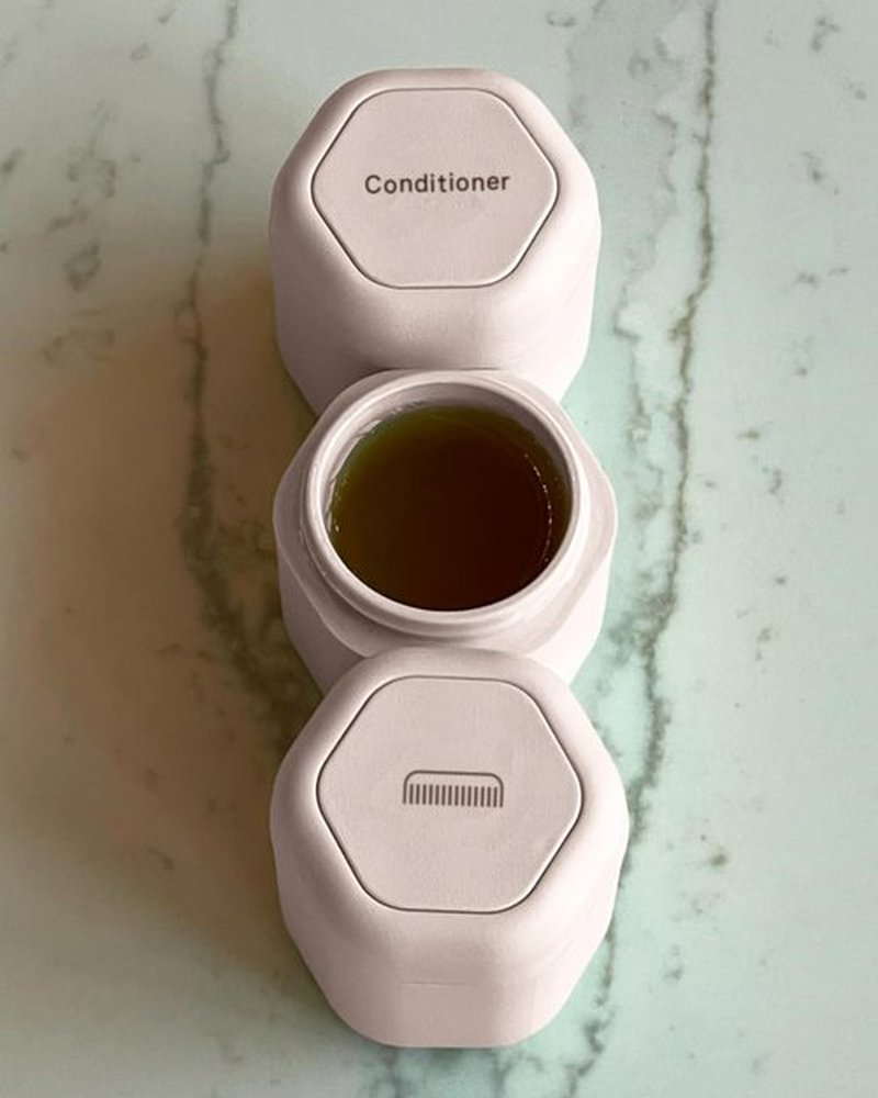 Cadence Travel Containers - Haircare Set - Magnetic Travel Capsules - For Shampoo, Conditioner, Hair Styling Product - 3 Flex Mediums (1.32oz) with Shampoo, Conditioner & Comb Icon Labels - Petal