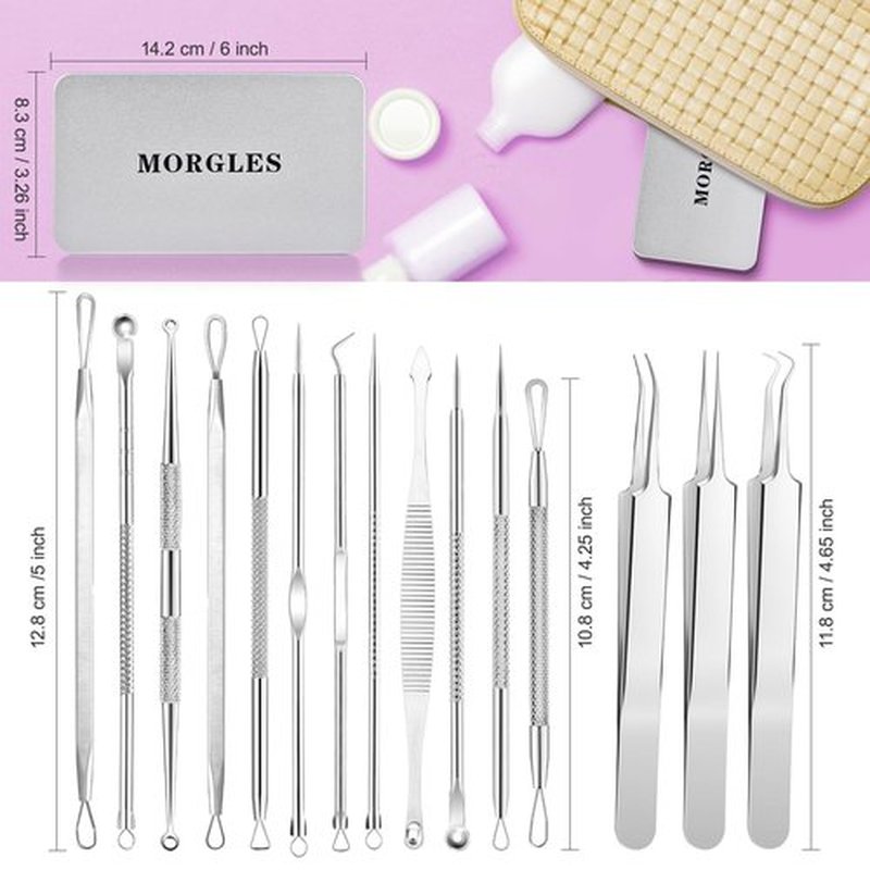 15 PCS Pimple Popper Tool Kit, MORGLES Stainless Steel Blackhead Remover Comedone Extractor Tools for Blemish, Acne, Zit, and Whiteheads for Face & Nose, Acne Tools with Metal Case (Silver)
