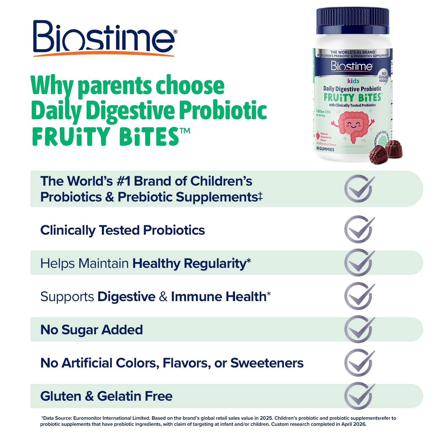 Biostime Kids Prebiotic & Probiotic Gummies (Ages 4+) | Probiotics for Kids | Includes 2 Billion CFU to Support Digestive Health| No added sugar Fruity Bites | Free from Top 9 Allergens |50 Count