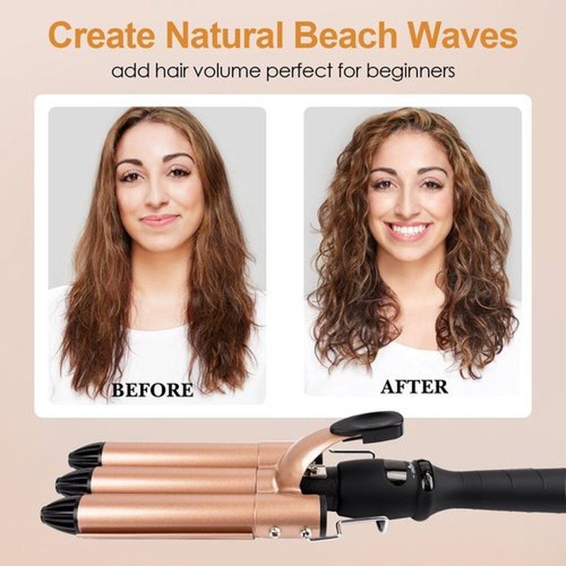 3 Barrel Wave Crimping Iron with LCD Display, 1 inch Ceramic Triple Barrel Beach Waver, Dual Voltage