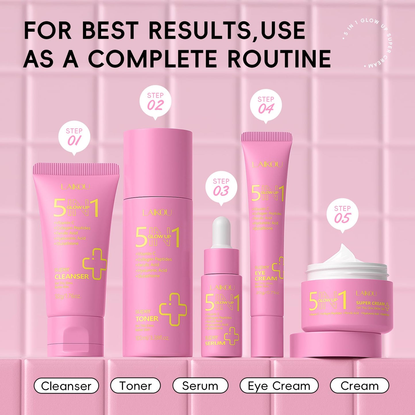 LAIKOU 5 in 1 Skin Care Set, Glow up Gift Set for Women, Skincare Gift Set with Hydrolyzed Collagen Eye Cream, Toner, Cream, Serum, Cleanser and Headband for Women Teen Girls Mother's Day Christmas