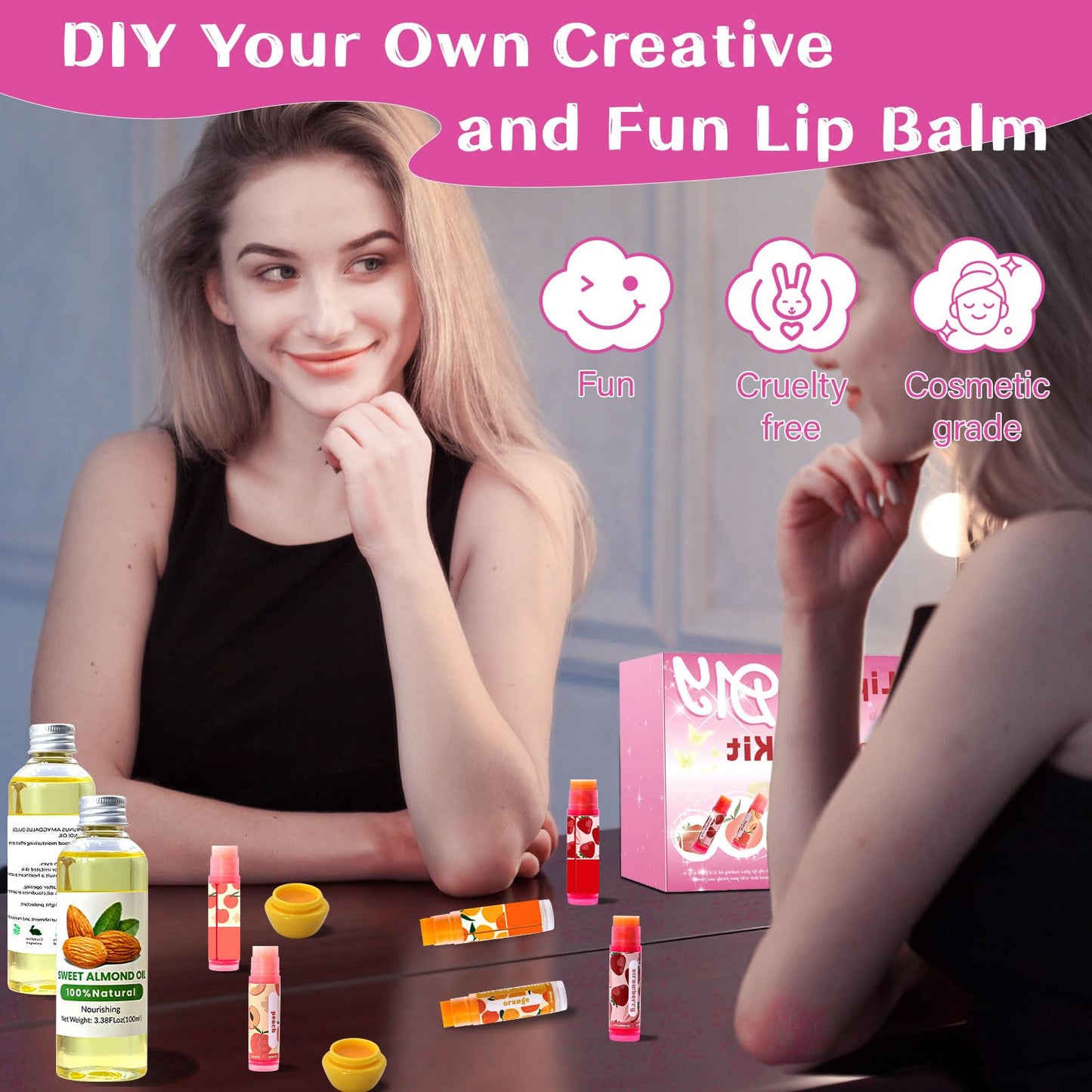 WhizToys DIY Lip Balm Making Kit for Adults to Make Your Own Moisturizing Lip Balms with Natural Beeswax, Lip Base Oil, Essential Oil, Empty Lip Balm Tubes，Birthday Christmas Gift