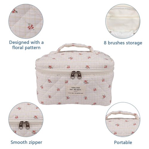 Large Travel Quilted Makeup Bag for Women,Big Floral Cotton Cosmetic Bag, Cute Coquette Aesthetic Floral Toiletry Organizer Bag (Plaid-Flower)