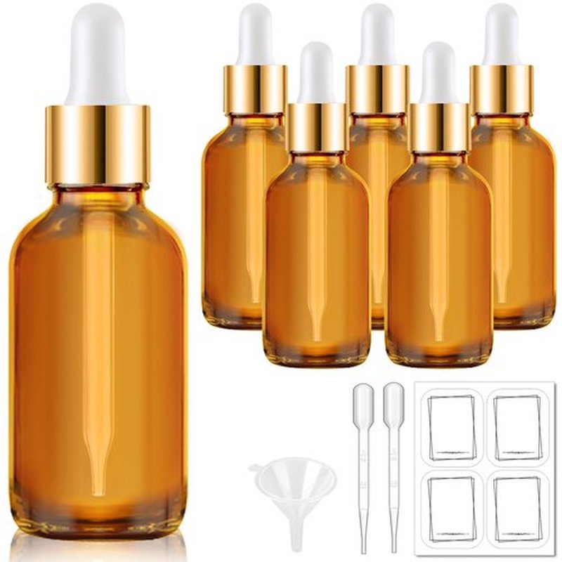 Bumobum Dropper Bottle, 6 Pack Amber Glass Dropper Bottle 1 oz with 1 Funnel, 2 Pipette & 8 Labels, 30 ml Eye Dropper Tincture Bottles with Dropper for Essential Oils Serums Hair Oils Body Oils