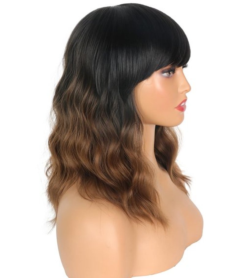SYMEIW Short Wavy Wig with Bangs for Women Shoulder Length Brown Synthetic Wigs Natural Wavy Black To Brown Wigs Heat Resistant for Daily Party Use