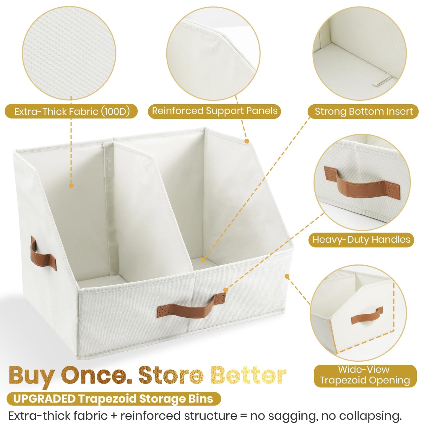 Closet Organizers And Storage - UPGRADED Trapezoid Storage Bin With Leather Handles & Adjustable Dividers, Fabric Collapsible Storage Bins For Clothes Storage & Shelf Organizer (3pcs, Small, Ivory)