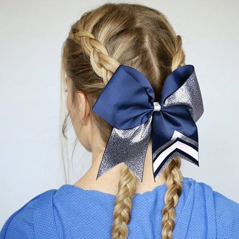 DEEKA 8PCS 8" Two Toned Large Glitter Cheer Bows Shiny Cheer Hair Bows Ponytail Holder Handmade for Cheerleader Girls Softball Sports -g Silver/Navy