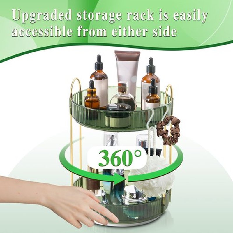 Megapuxin Makeup Organizer for Vanity,360° Rotating Large Skincare Make Up Storage Perfume Organizers Cosmetic Dresser Organizer Countertop Organizer with Extra Hooks DIY Stickers for Bathroom