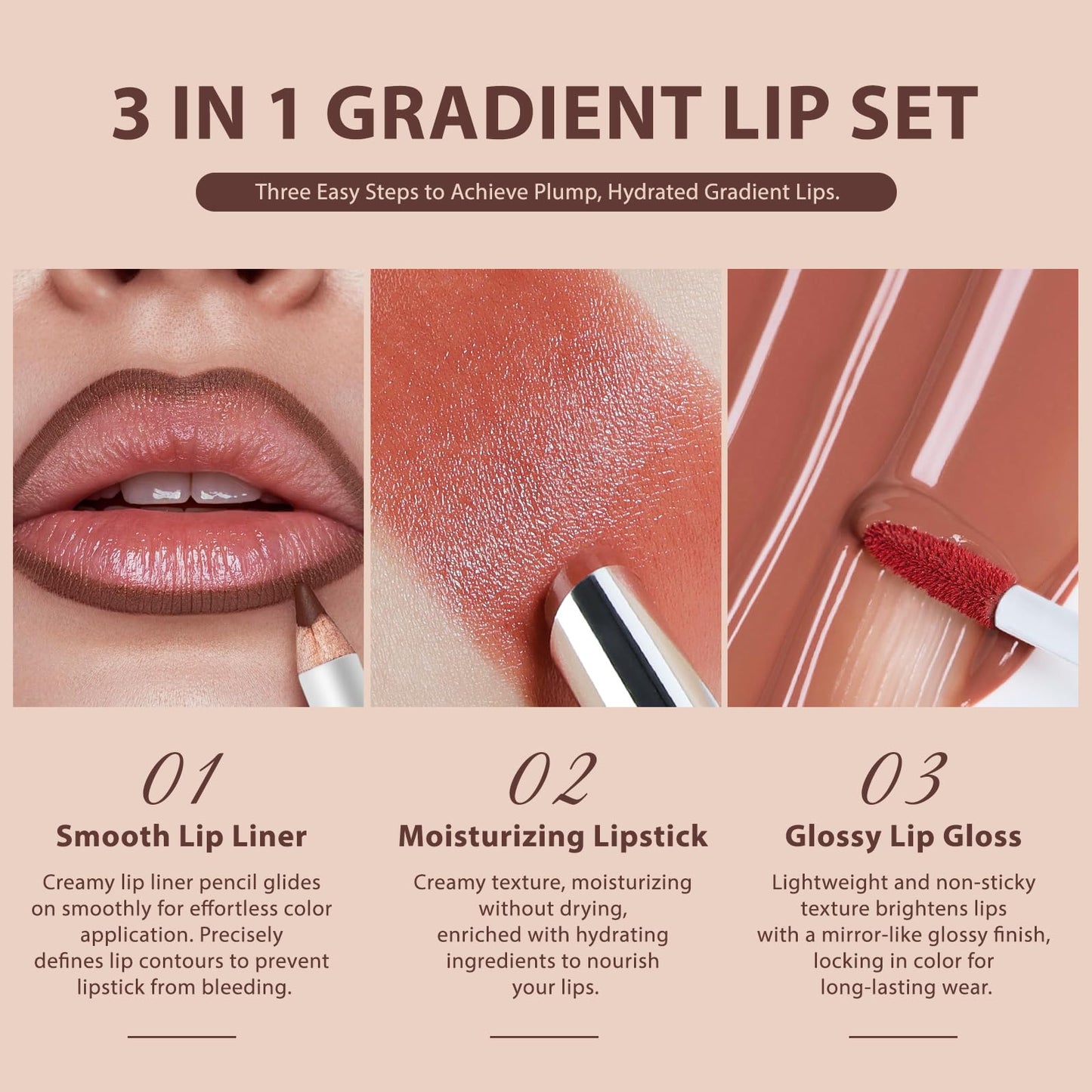 Noerrors 3PCS Lip Liner Tinted Lip Balm and Lip Gloss Combo Set, Lip Kit with Brown Lip Pencil Moisturizing Nude Lipstick and High Shine Lip Glow Oil, Hydrating Long Wear Plumping Lip Trio for Women