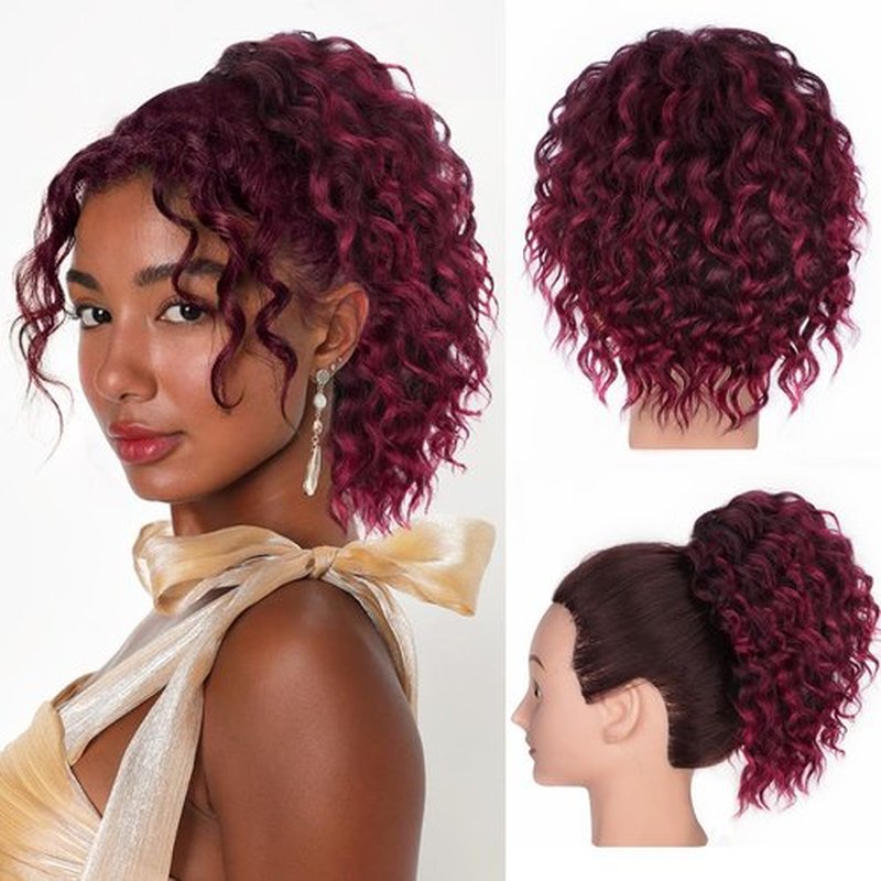 ALXNAN Wavy Curly Ponytail Extension, 8" Ombre BUG Drawstring Ponytail For Black Women Short Soft Natural Synthetic Hairpiece Thick For Daily Use
