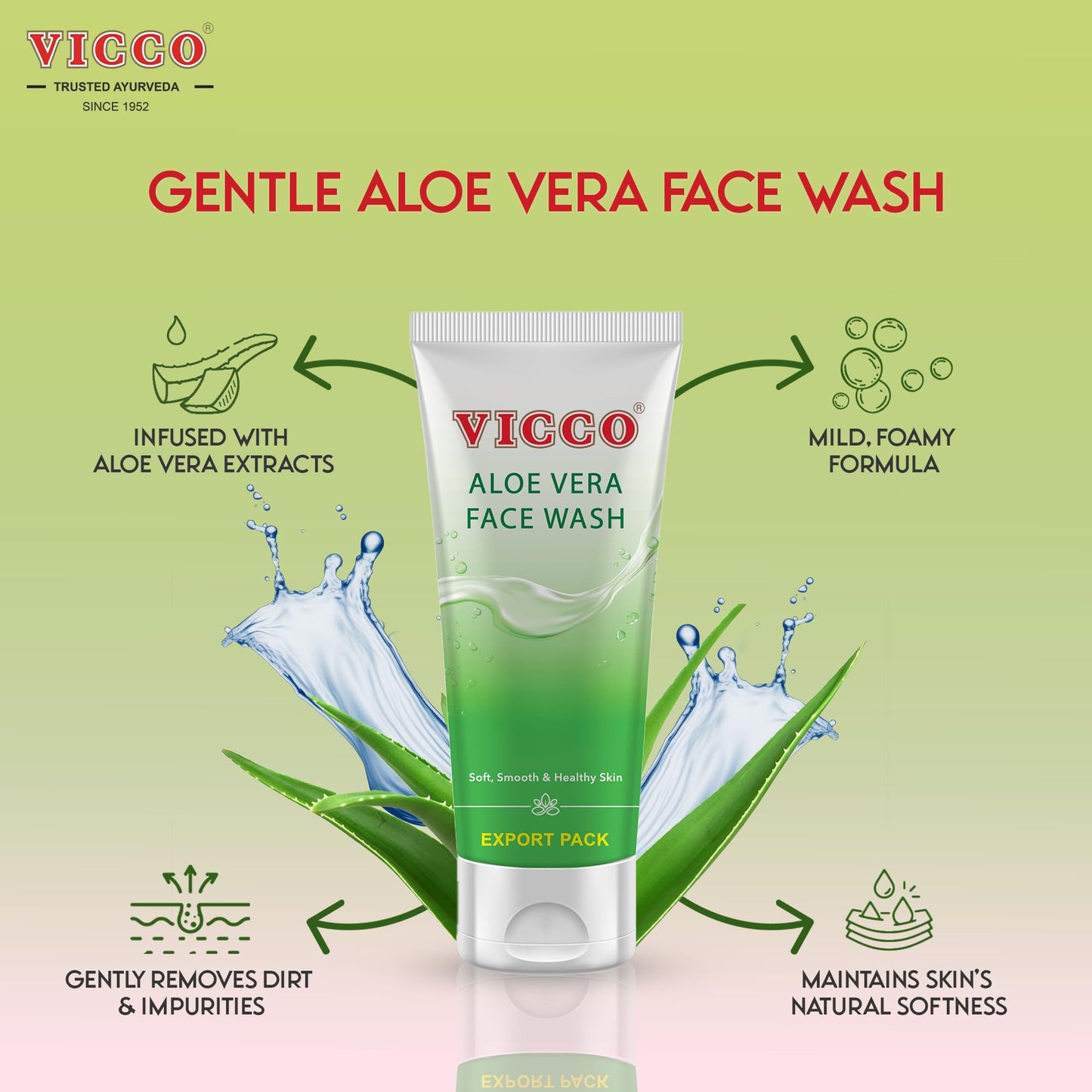 Vicco Aloe Vera Face Wash with Natural Aloe Extracts – 5.29 oz, Gentle Daily Cleanser for All Skin Types (Pack of 1)