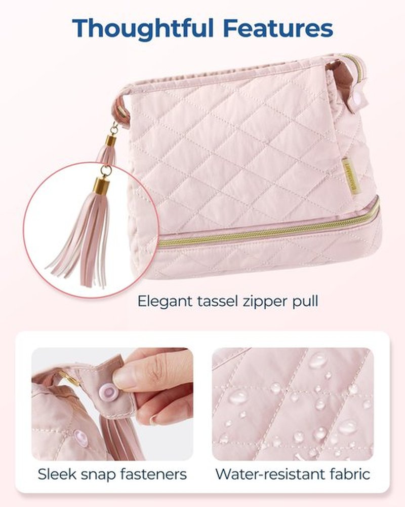 BAGSMART Makeup Bag Travel Cosmetic Bag,Puffy Make Up Bags for Women Double Layer Makeup Organizer Case,Wide-open Pouch Purse Storage Travel Essentials Toiletries Accessories Brushes,Pink