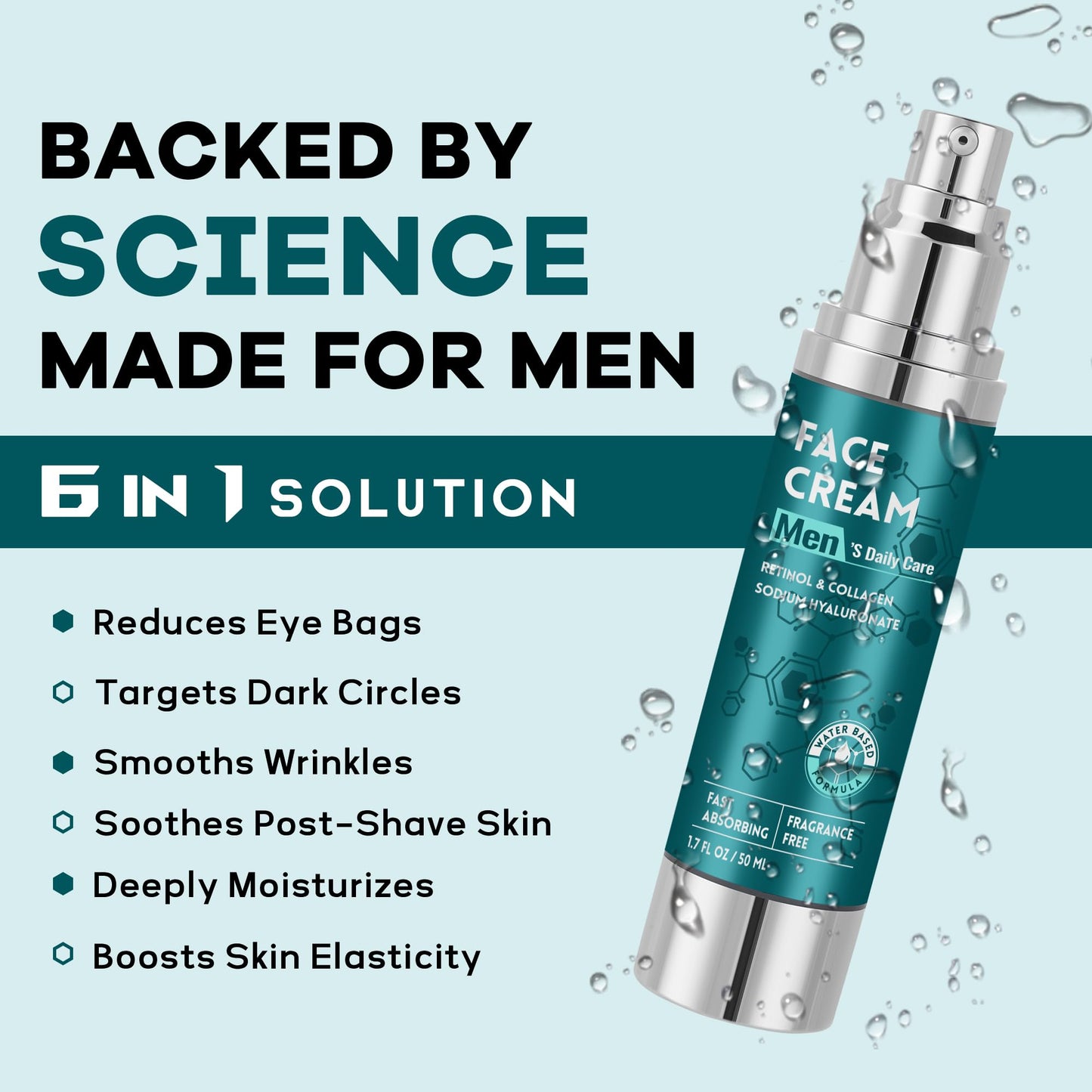 6-in-1 Face Cream for Men: Hydrating Water Based Men Face Moisturizer with Retinol, Collagen, Sodium Hyaluronate - Mens Anti Aging Face Cream for Day and Night Use (1.7 Fl Oz (Pack of 1))