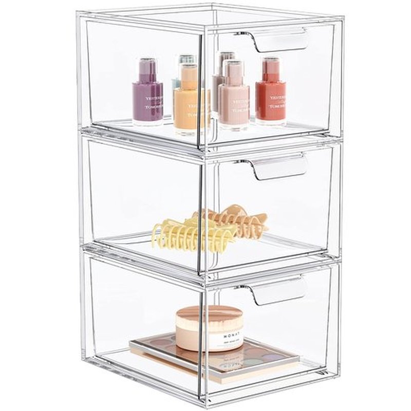 SpaceHacks 3 Pack Stackable Makeup Organizer and Storage, Acrylic Organizers，Clear Plastic Storage Drawer with Handles for Vanity, Undersink, Kitchen Cabinets, Pantry