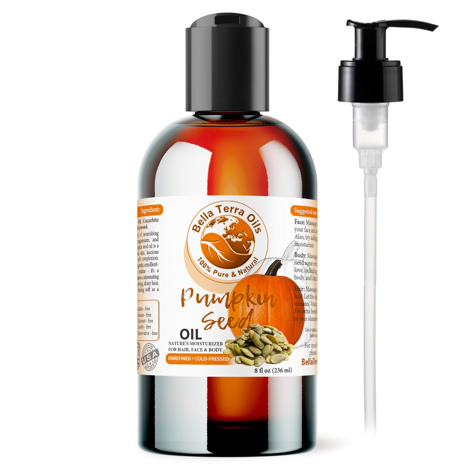 Bella Terra Oils Pumpkin Seed Oil 8oz - Natural, Cold-Pressed, Rich in Omega-9 & Essential Nutrients