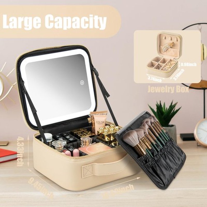 Extrei Gent Makeup Travel Train Case with Mirror LED Light 3 Adjustable Brightness Cosmetic Bag Portable Storage Adjustable Partition Waterproof Makeup Brushes Makeup Jewelry Gift for Women (Beige)