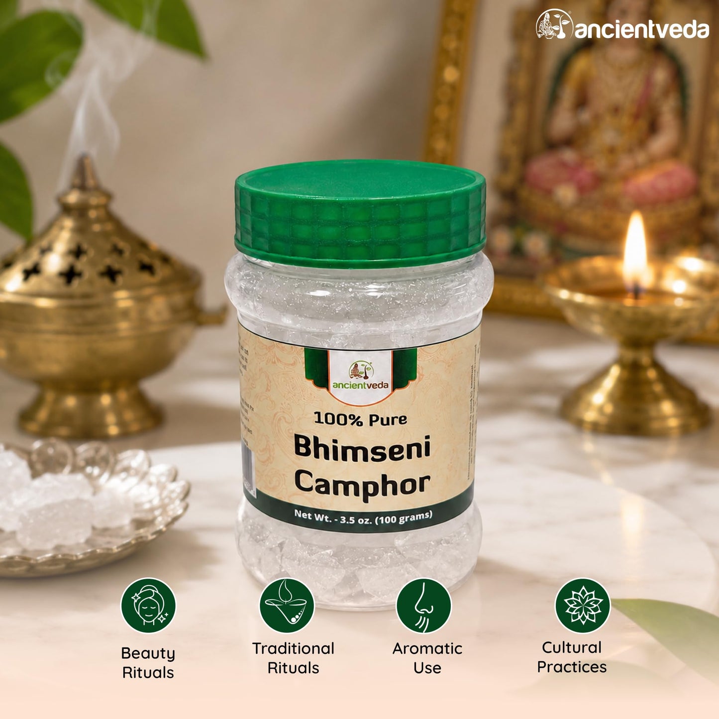 ANCIENT VEDA 100% Pure Natural Bhimseni Camphor Tablet | Aromatherapy Camphor | Refreshing Fragrance, Enhancing Concentrations | Tablet for Puja, Alcanfor Tablets, Kapoor for Pooja - (100 Grams)