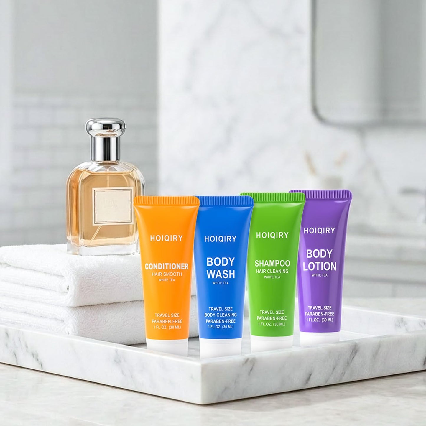 HOIQIRY 25 Set 4-IN-1 Travel Size Hotel Toiletries Bulk,100 Pack 30ml/1 fl oz Mini Hotel Toiletries with Body Wash,Shampoo,Conditioner,Body Lotion Guest Supplies Bulk for Homeless,Motel,Charity