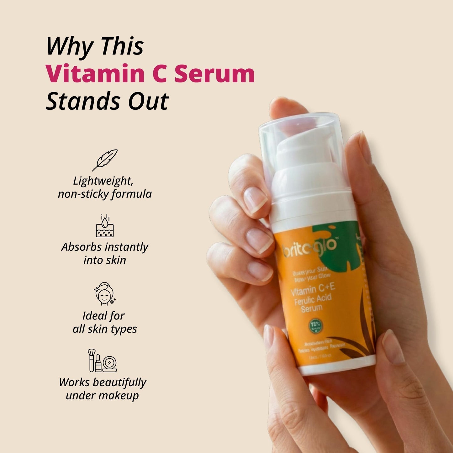 Briteglo Vitamin C Serum 15% for Face with 3-O-Ethyl Ascorbic Acid, Niacinamide & Ferulic Acid – Dark Spot Corrector, Brightening & Anti-Aging Facial Serum, Fragrance Free - Pack of 6
