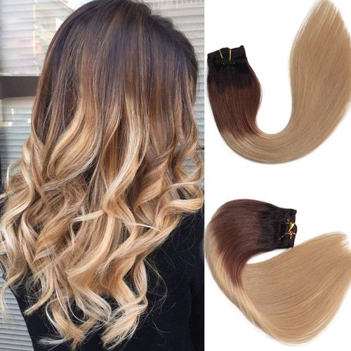 Ombre Clip in Real Hair Extensions Balayage Remy Hair Extensions Clip in Dark Brown with Light Brown 120g Full Head Straight Soft Natural Hair Extensions 22 inch