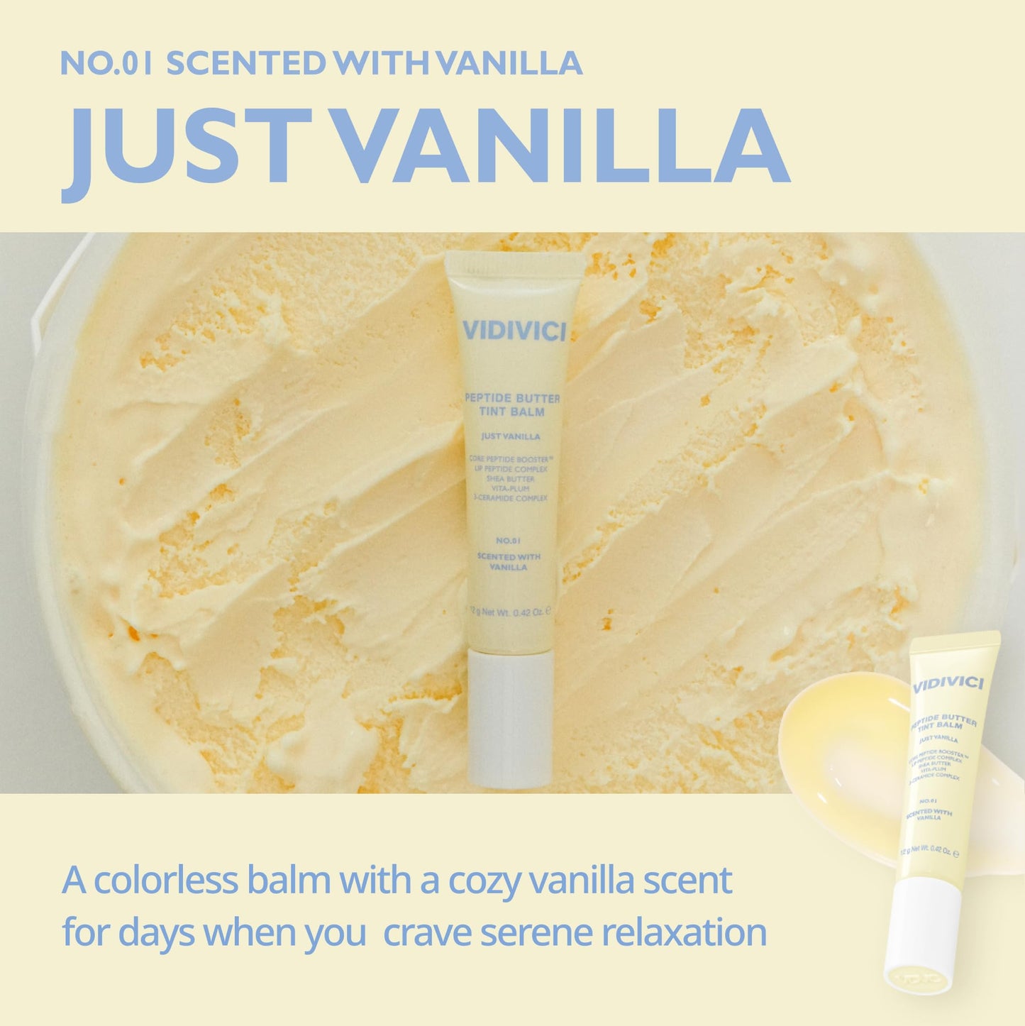 VIDIVICI Peptide Butter Tint Balm | 10 Color Variants, Korean Moisturizing Lip Tint with Melting Peptide Complex & Sheer Tinted Glow - 01 JUST VANILLA (12g, 0.42oz)