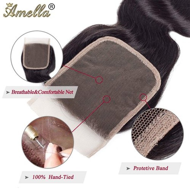 Amella Hair 100% Unprocessed Brazilian Body Wave Bundles with Closure (16 18 20 +14Closure, Natural Black) Virgin Brazilian Hair Bundles Weave with Lace Closure Free Part