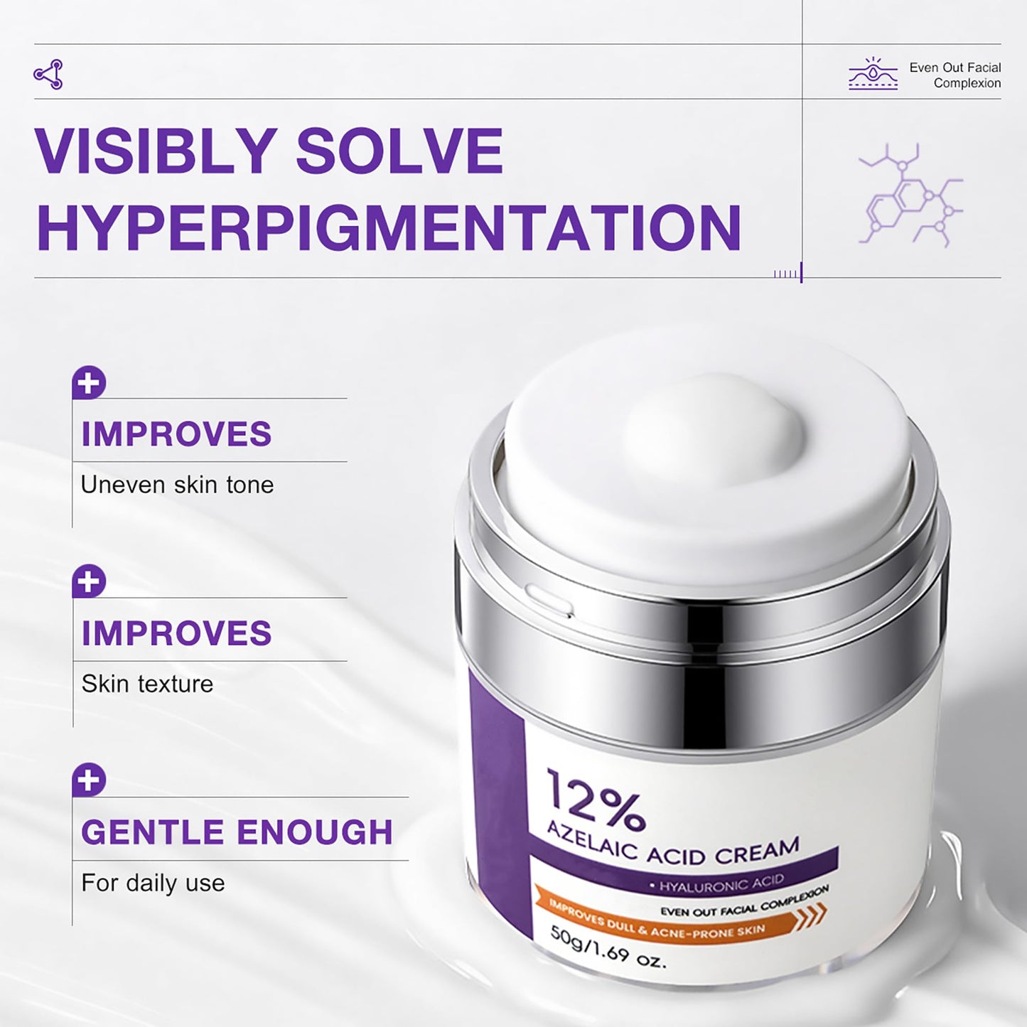 12% Azelaic Acid Cream for Face，Acne Cream，Azelaic Acid Serum for Acne & Post-Acne Marks，Fades Acne Scars & Soothes Skin，Regulates Sebum Production，Suitable for Oily & Acne-prone Skin Care，1.69 OZ