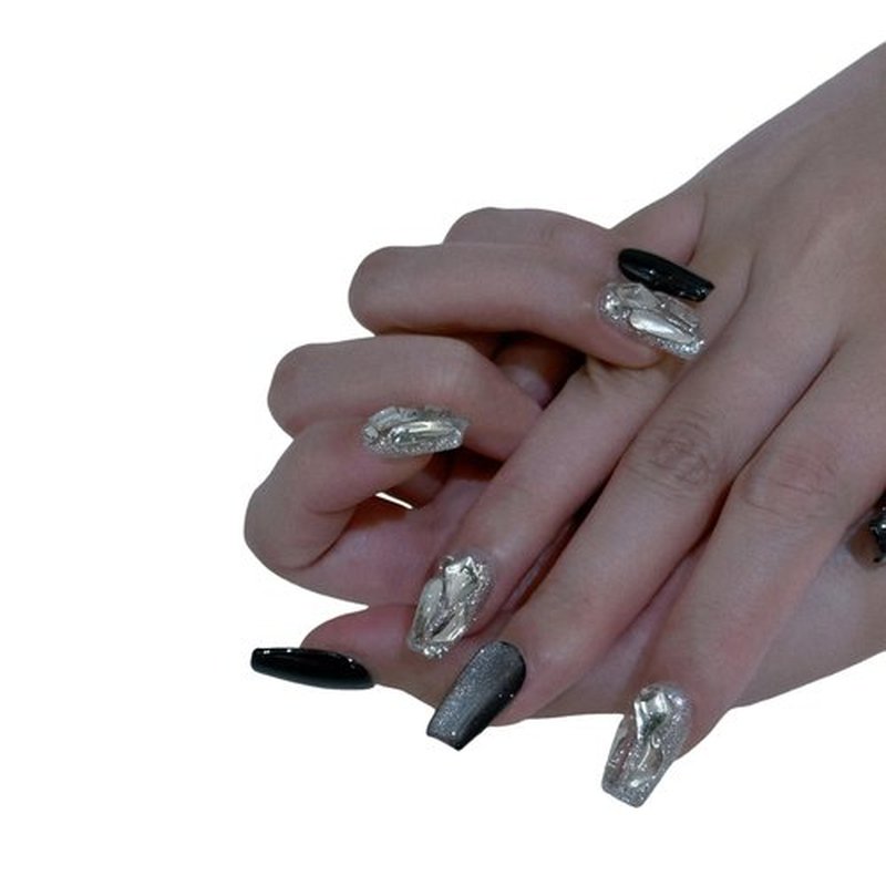 Lurenia • Lxssie Handmade Press On Nails - Reusable Cat Eye Black & Silver Shades with Sparkling Rhinestones, Designer Nail Art Set for Women (LARGE-Cat Eye Black, )