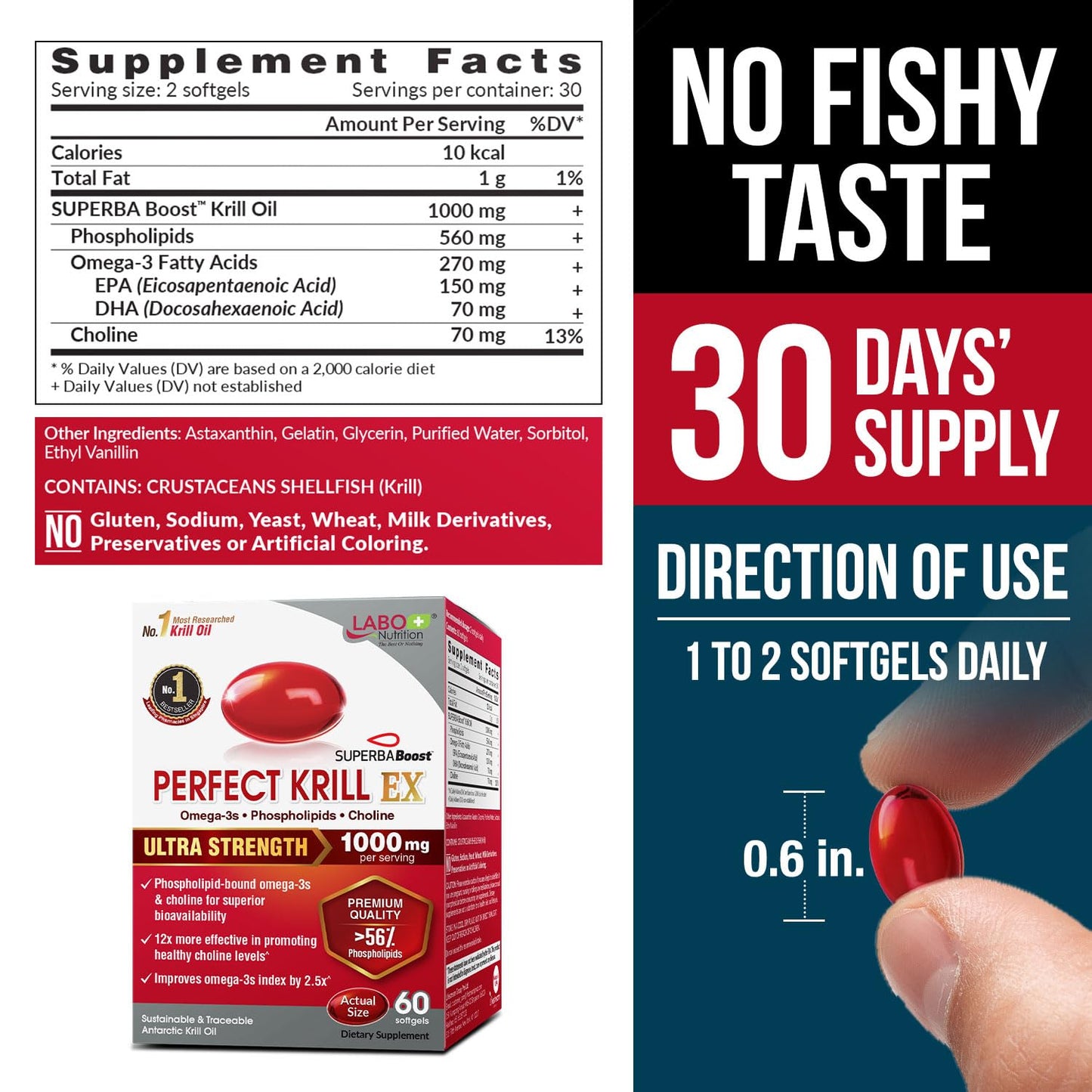 LABO Nutrition Perfect Krill EX, 1000mg Antarctic Krill Oil Omega 3 EPA DHA, Highest Phospholipids (Over 56%) with Choline, Astaxanthin | Heart Brain Eye Joint Health, Made in USA, 60 softgels