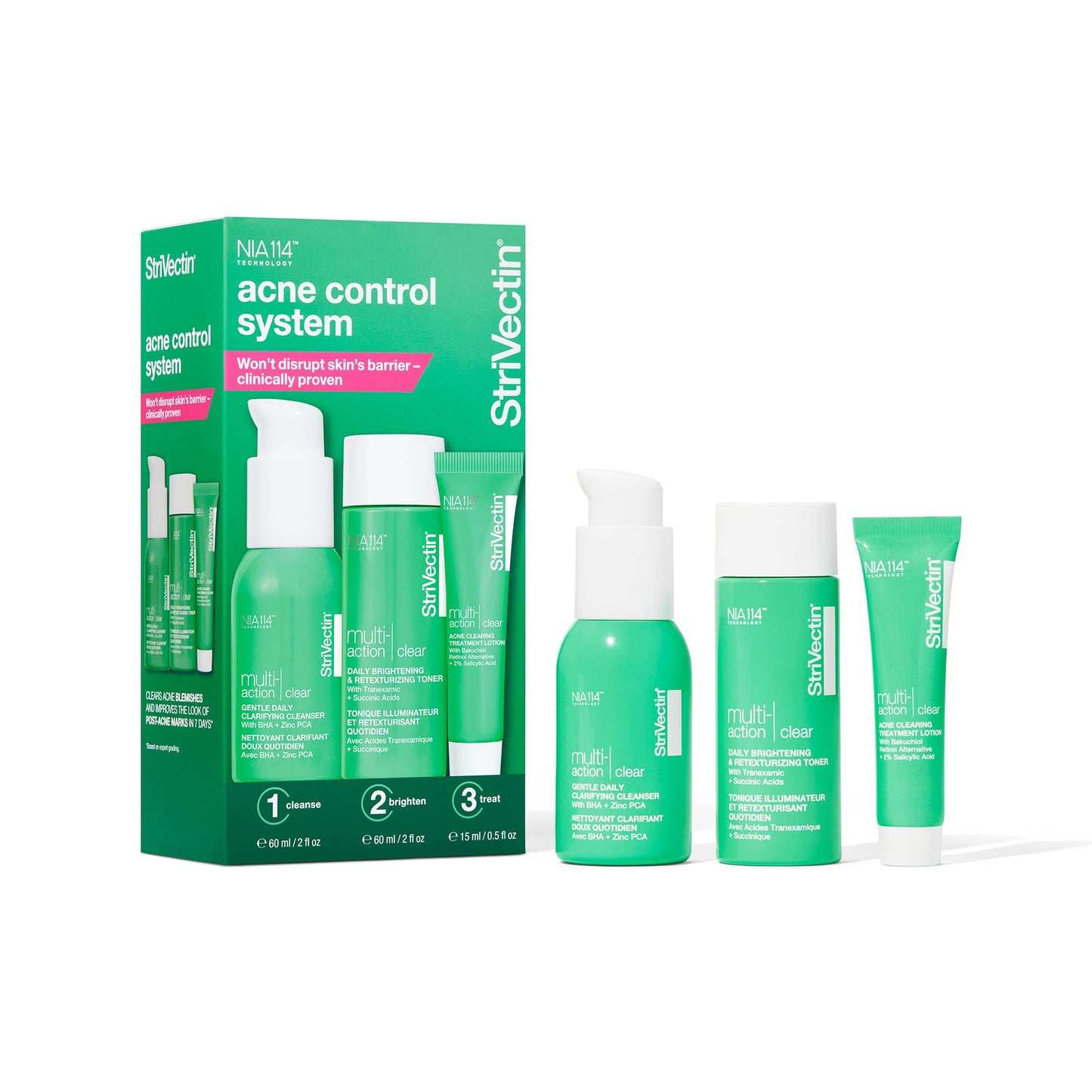 StriVectin Acne Control System Set with Cleanser, Lotion & Toner, Multi Action Clear for Acne and Blemish Prone Skin for Clearer, Smooth and Brighter Skin, Less Breakouts and Pimples - 3 Piece Set