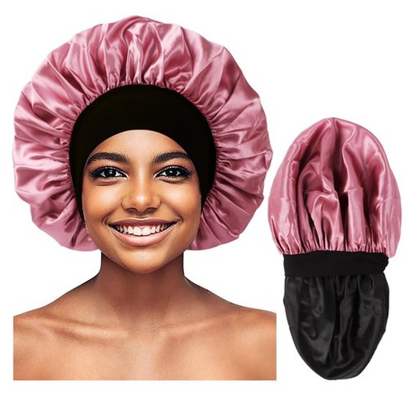Bonnet for Men,Hair Bonnet for Sleeping,Double Layer Satin Bonnets for Black Women Curly Hair Braids,Reversible Sleep Cap (Large,Black/Rose Gold)