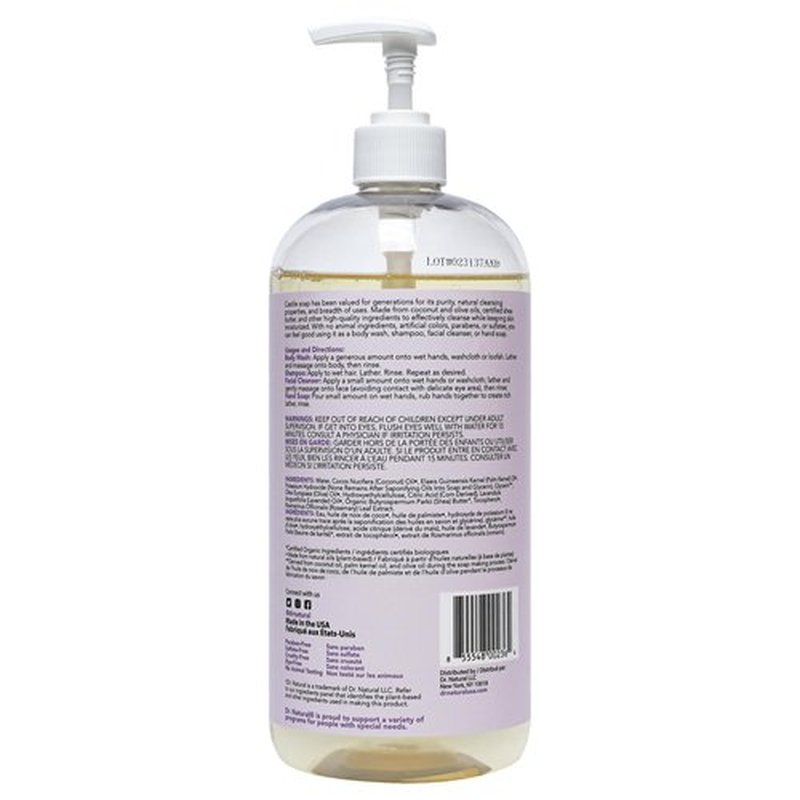 Dr. Natural Castile Liquid Soap, Lavender, 32 oz - Plant-Based - Made with Organic Shea Butter - Rich in Coconut and Olive Oils - Sulfate and Paraben-Free, Cruelty-Free - Multi-Purpose Soap