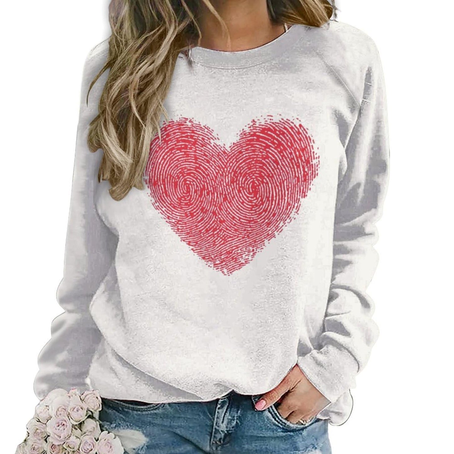 Valentines Shirts for Women Plus Size Long Sleeve Pullover White Valentines Sweater Fingerprint Red Heart Heart-Shaped Pattern Casual Graphic Crewneck Valentines Day Sweatshirt Blouses Tops,3XL