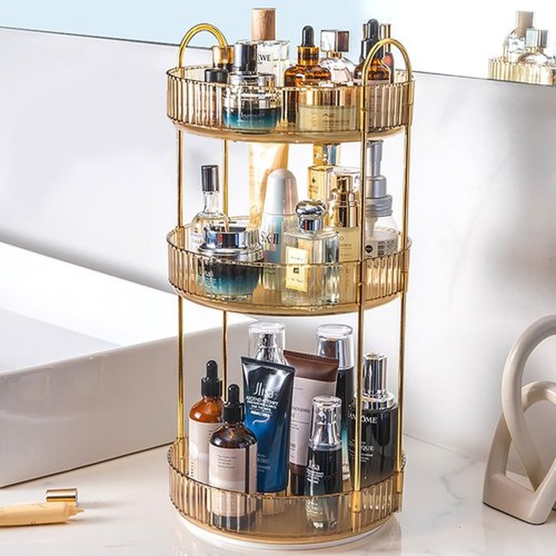 Zufudo Rotating Makeup Organizer 3 Tier Lazy Susan Trays Skincare Perfume Organizer for Bathroom Counter Vanity, Amber Gold