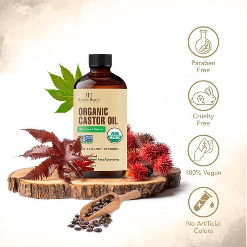 Botanic Hearth Castor Oil | USDA Certified Organic |100% Pure & Hexane Free | Cold Pressed | Growth for Eyelashes, Eyebrows, Hair | With Eyebrow & Eyelash Brush | (Glass Bottle 2fl oz)