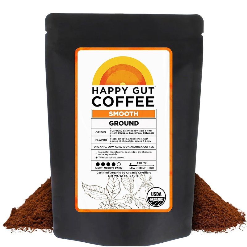 Happy Gut Coffee - Organic Medium-Dark Roast Coffee for Gut Health - 12oz Ground | Smooth Flavor, Gluten-Free