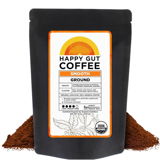 Happy Gut Coffee - Organic Medium-Dark Roast Coffee for Gut Health - 12oz Ground | Smooth Flavor, Gluten-Free