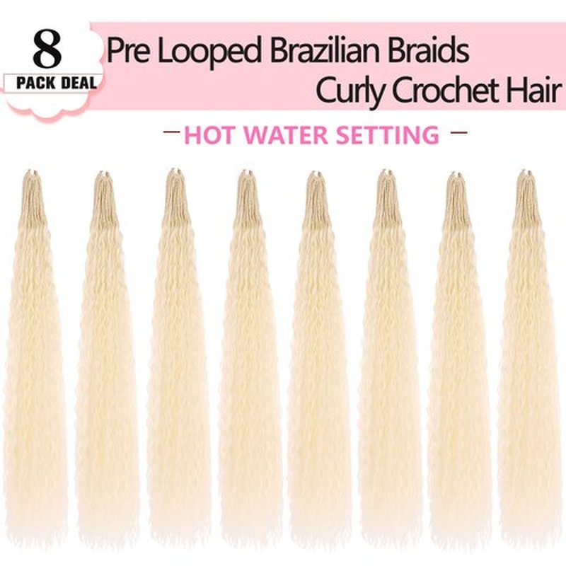 Xtrend 24 Inch Pre looped Brazilian Braids Curly Crochet Hair 8 Packs Water Wave Crochet Hair Afro Kinky Curly Blond Braiding Hair Deep Wave Synthetic Mini Boho Braids For Women(30 Strands/Pack，613#)