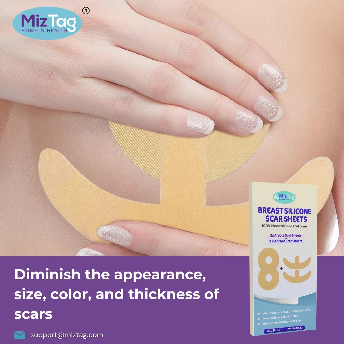 Silicone Scar Sheets for Combined Breast Lift + Augmentation Recovery | 4-Piece Areola & Anchor Kit by Miztag | Mommy Makeover & Mastopexy Post-Op Scar Treatment | Medical-Grade Reusable